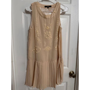 ARIEL Ivory Embroidered Flapper Dress Pleated Size Small Vintage Flapper Style